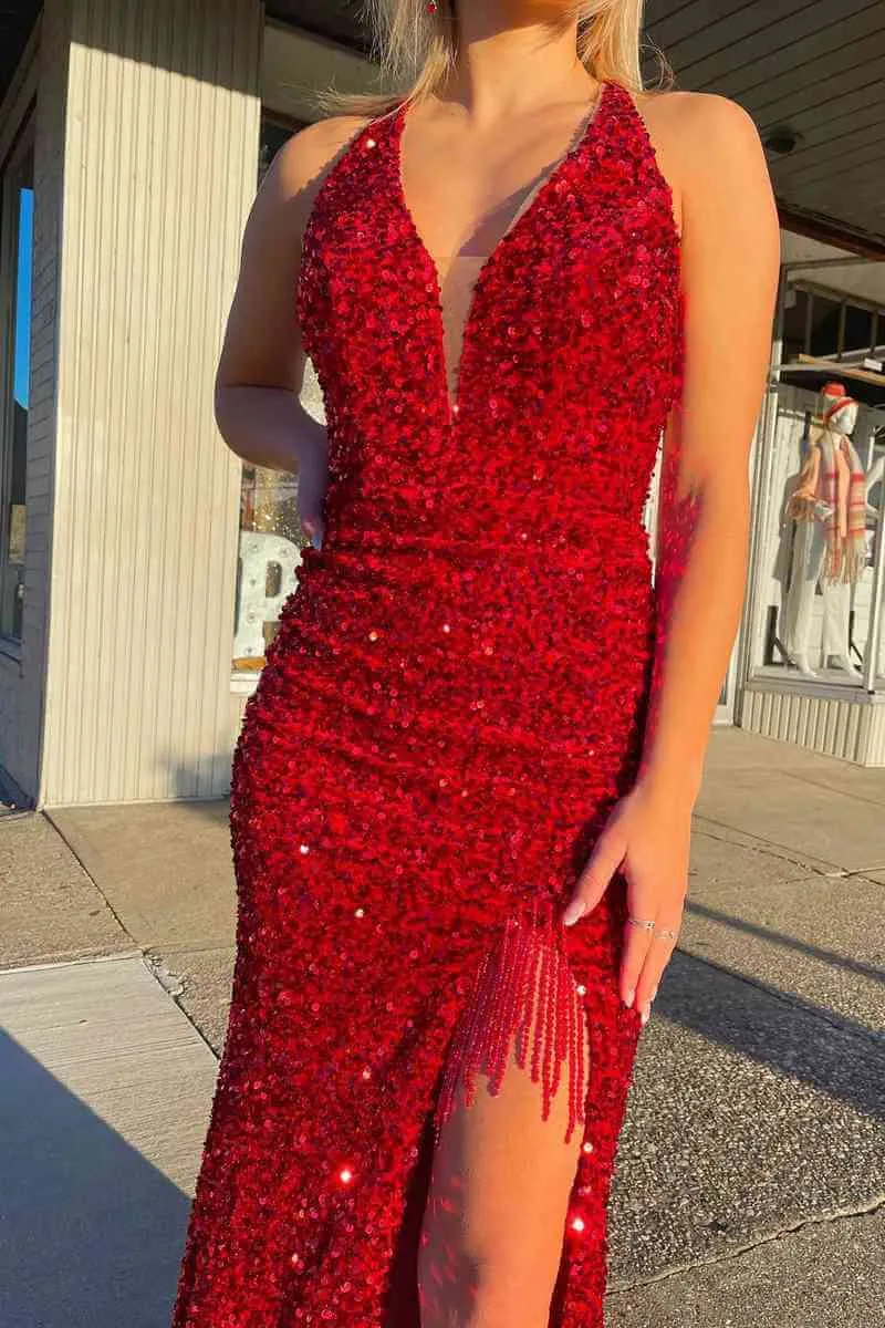 Cheap Red Halter Sequins Prom Dresses Long Formal Gowns with Tassel