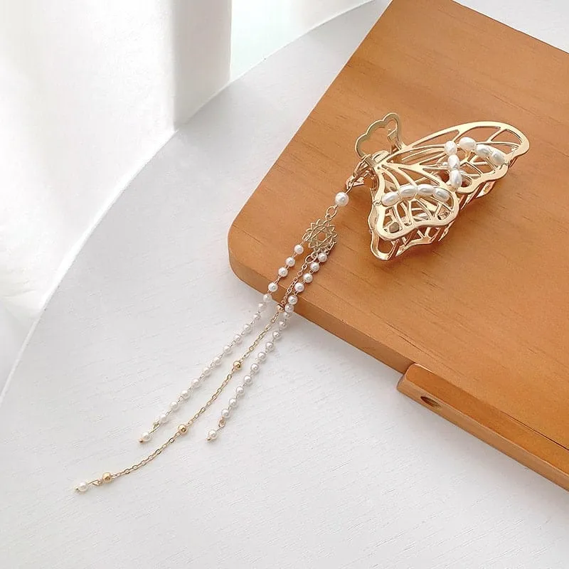 Chic Pearl Chain Tassel Butterfly Chignon Claw Clip Hair Clip