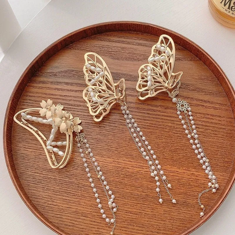 Chic Pearl Chain Tassel Butterfly Chignon Claw Clip Hair Clip