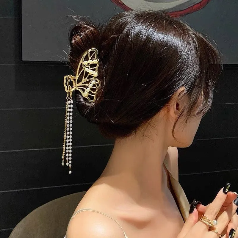 Chic Pearl Chain Tassel Butterfly Chignon Claw Clip Hair Clip