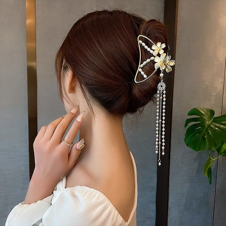 Chic Pearl Chain Tassel Butterfly Chignon Claw Clip Hair Clip