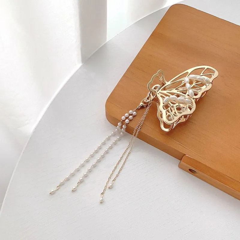 Chic Pearl Chain Tassel Butterfly Chignon Claw Clip Hair Clip