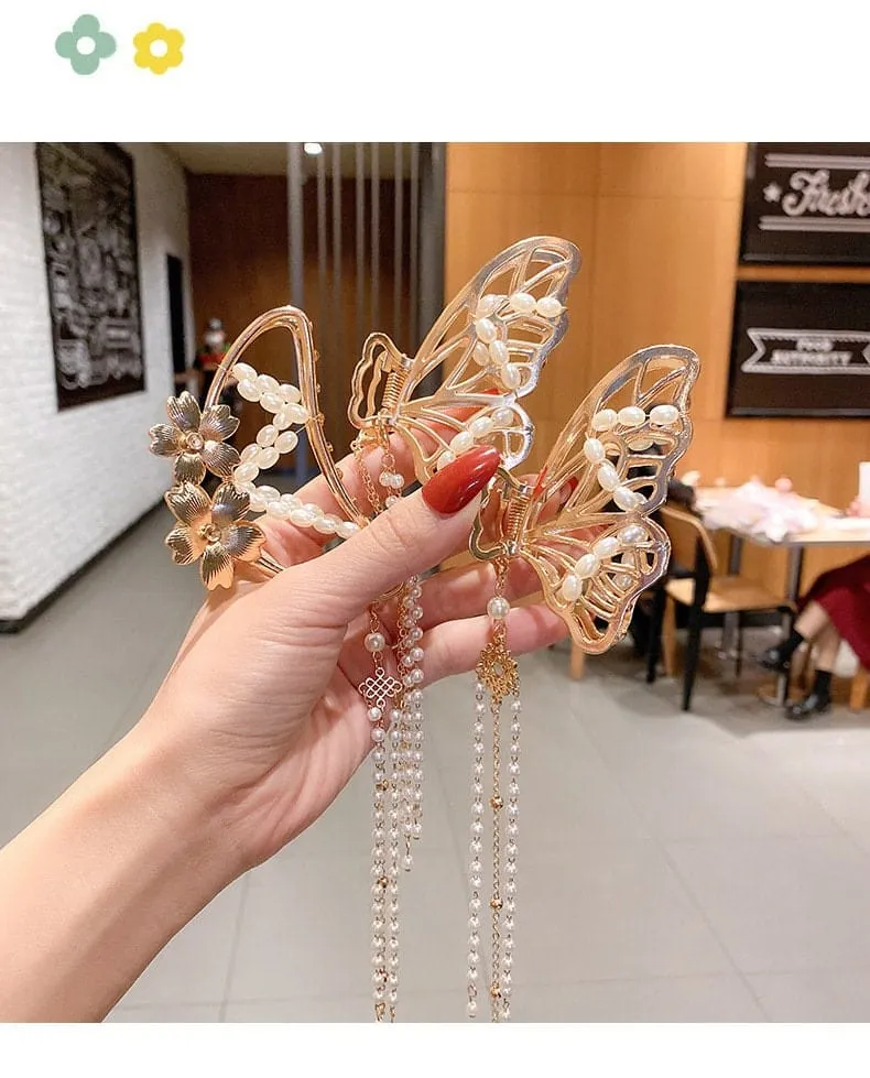 Chic Pearl Chain Tassel Butterfly Chignon Claw Clip Hair Clip
