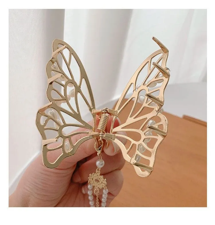 Chic Pearl Chain Tassel Butterfly Chignon Claw Clip Hair Clip