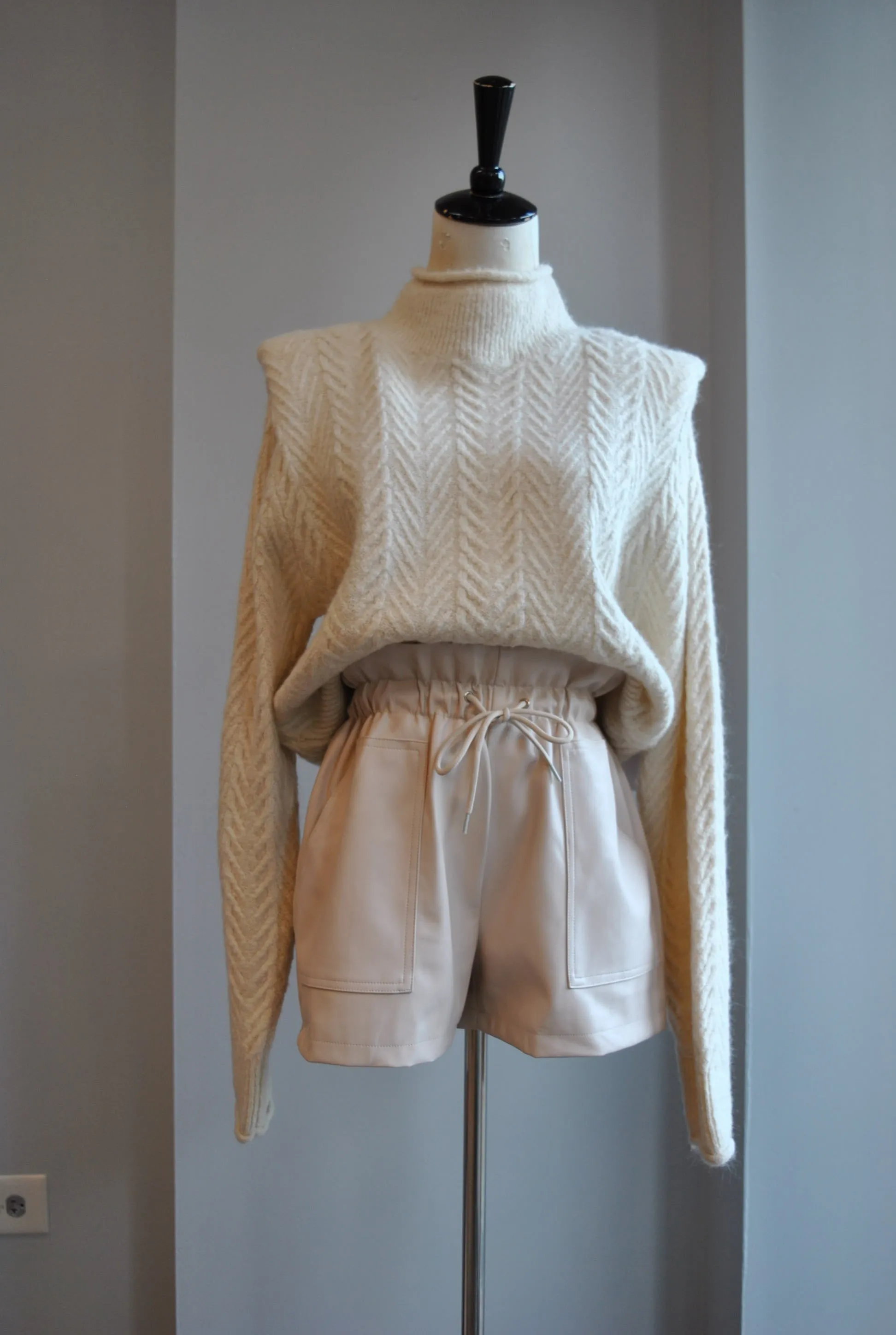 CLEARANCE - SAND COLOR FAUX LEATHER SHORTS WITH ELASTIC WAIST AND SIDE POCKETS