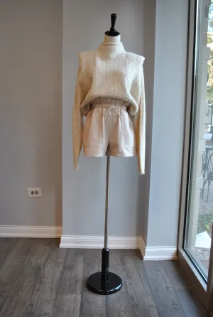 CLEARANCE - SAND COLOR FAUX LEATHER SHORTS WITH ELASTIC WAIST AND SIDE POCKETS