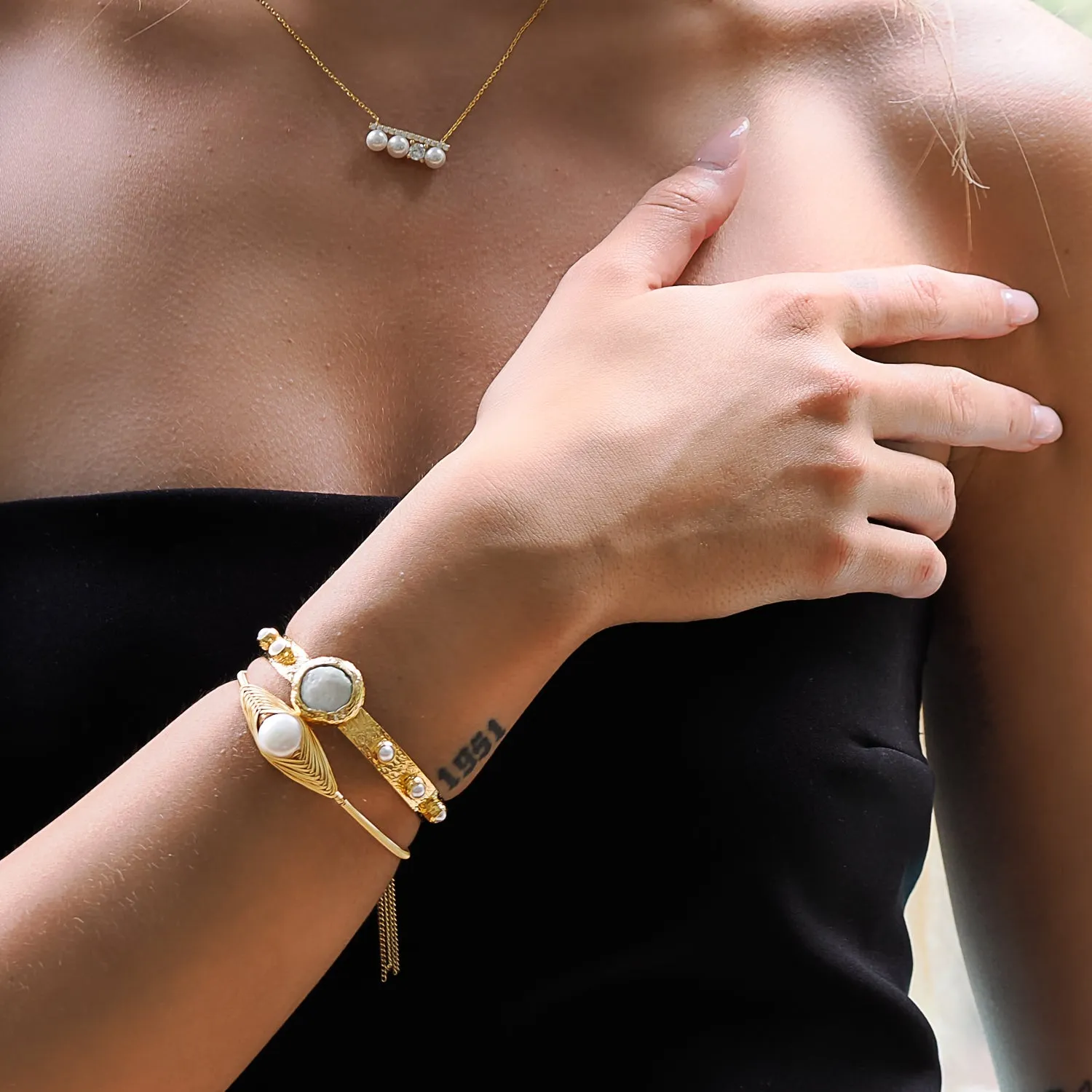 Cleopatra Gold & Pearl Tassel Cuff Bracelet