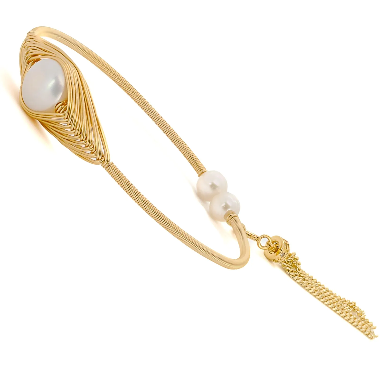 Cleopatra Gold & Pearl Tassel Cuff Bracelet