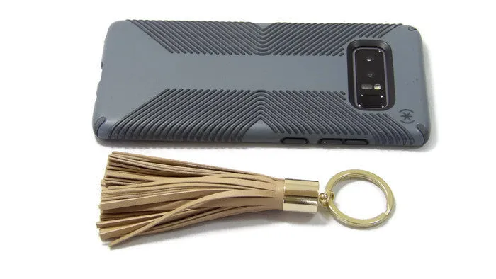 Cream Lambskin Leather Tassel Keychain with 14k Gold Plated Brass Top Free Gift Wrap