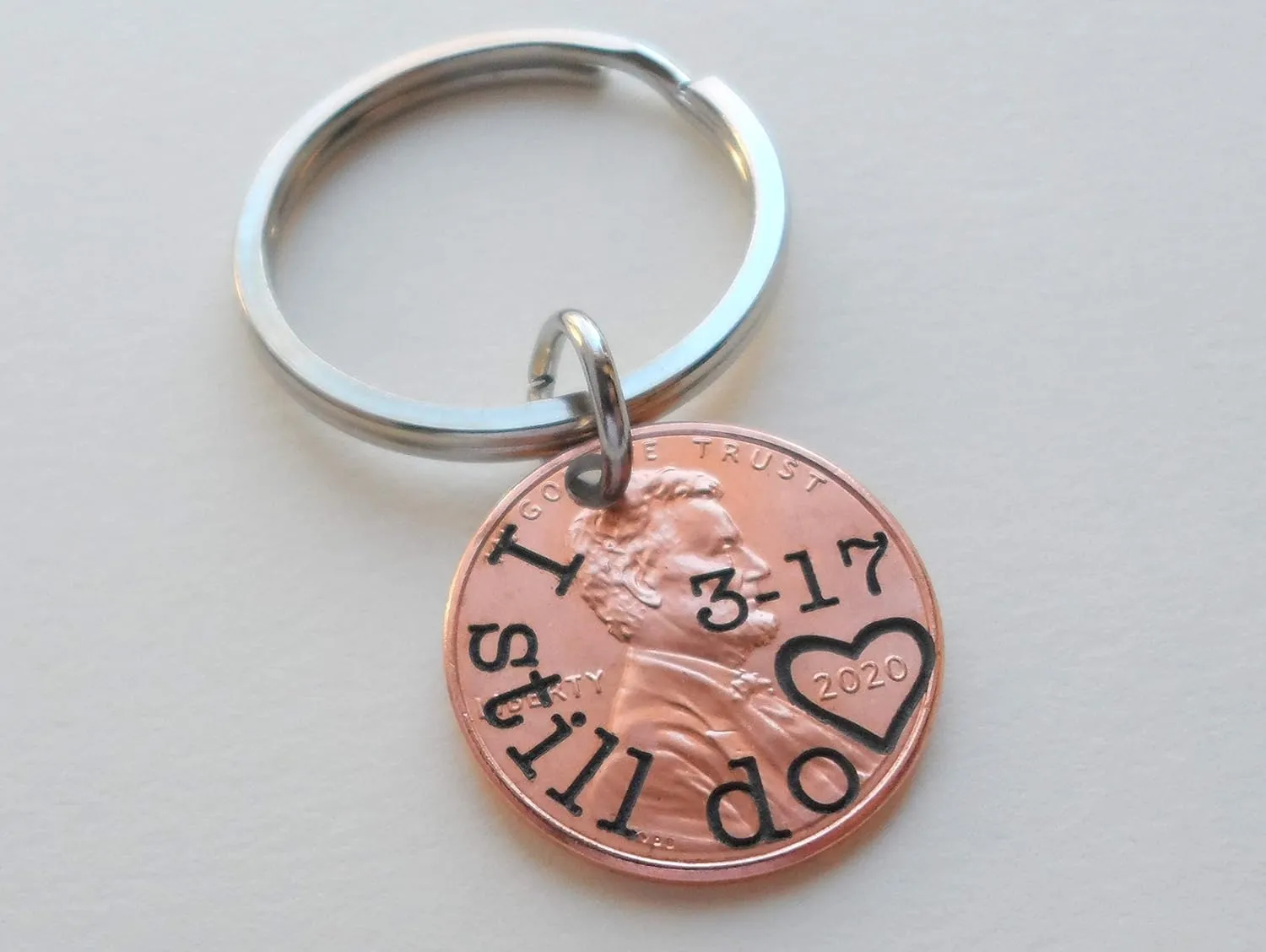 Custom Engraved Penny Keychain, Personalized Keychain, Lucky Penny Keychain, Anniversary Penny Key Chain (rounded and date above heart)
