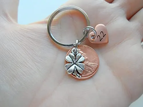Custom Penny Keychain With Clover Charm and Copper Heart Charm Anniversary Gift, Husband Wife Key Chain, Boyfriend Girlfriend Gift, Couples Keychain