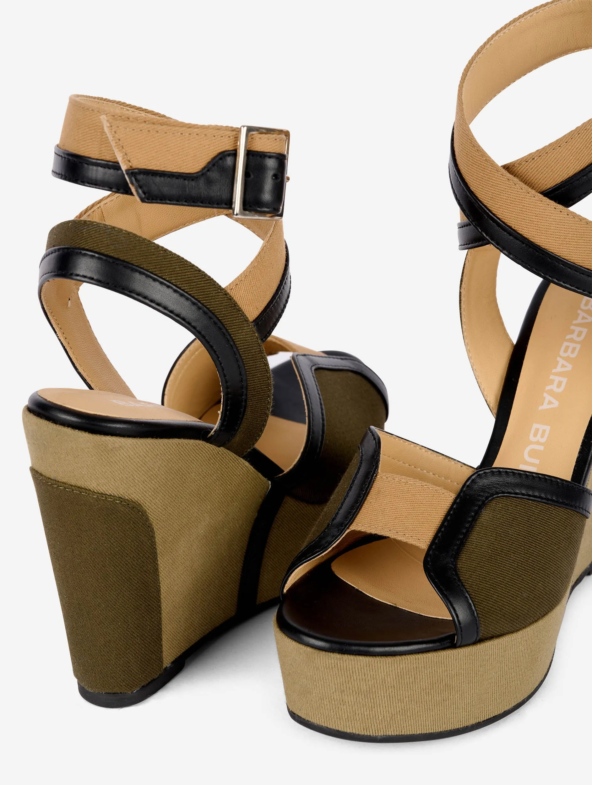denim and leather wedge sandals