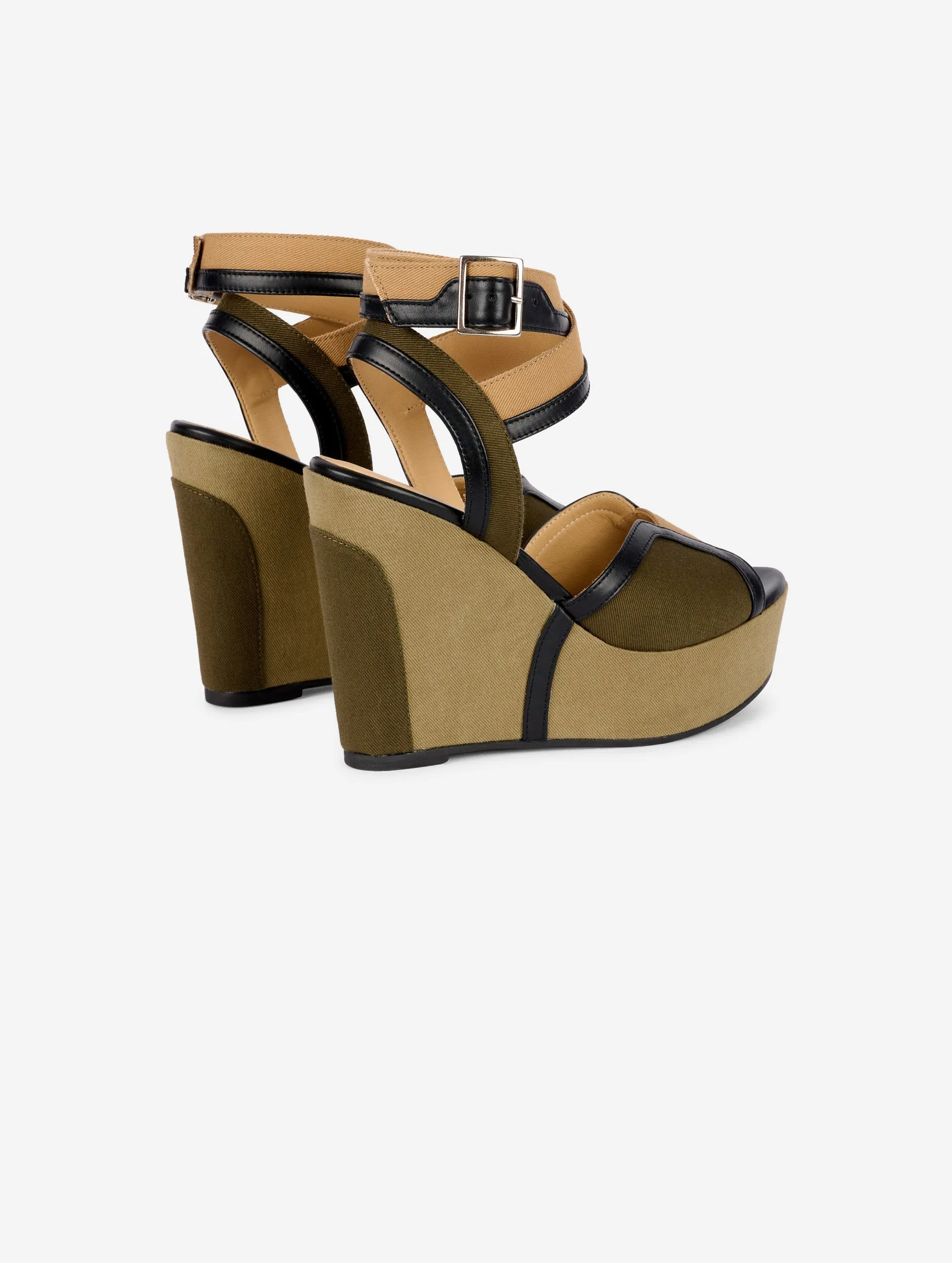 denim and leather wedge sandals