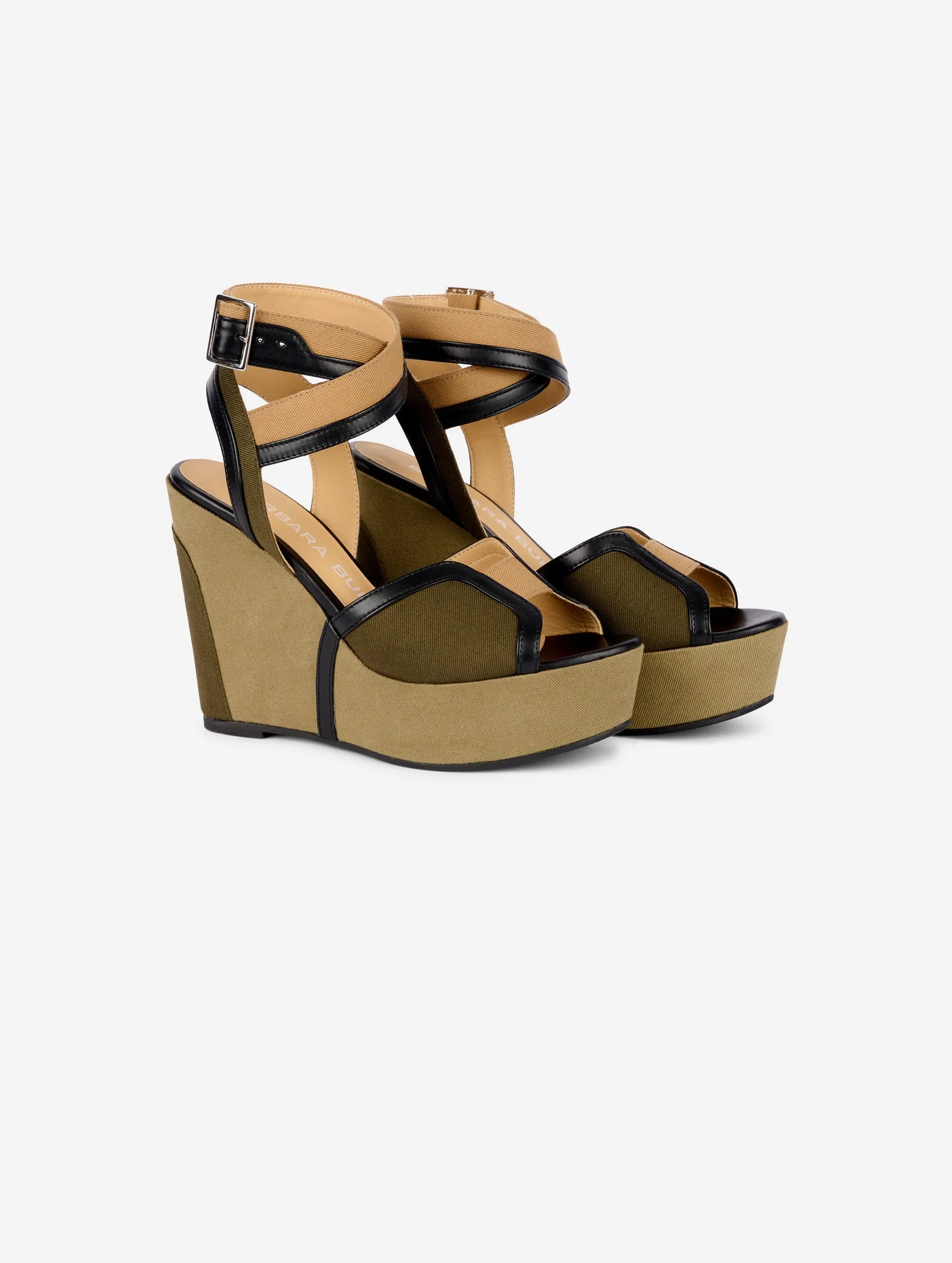 denim and leather wedge sandals