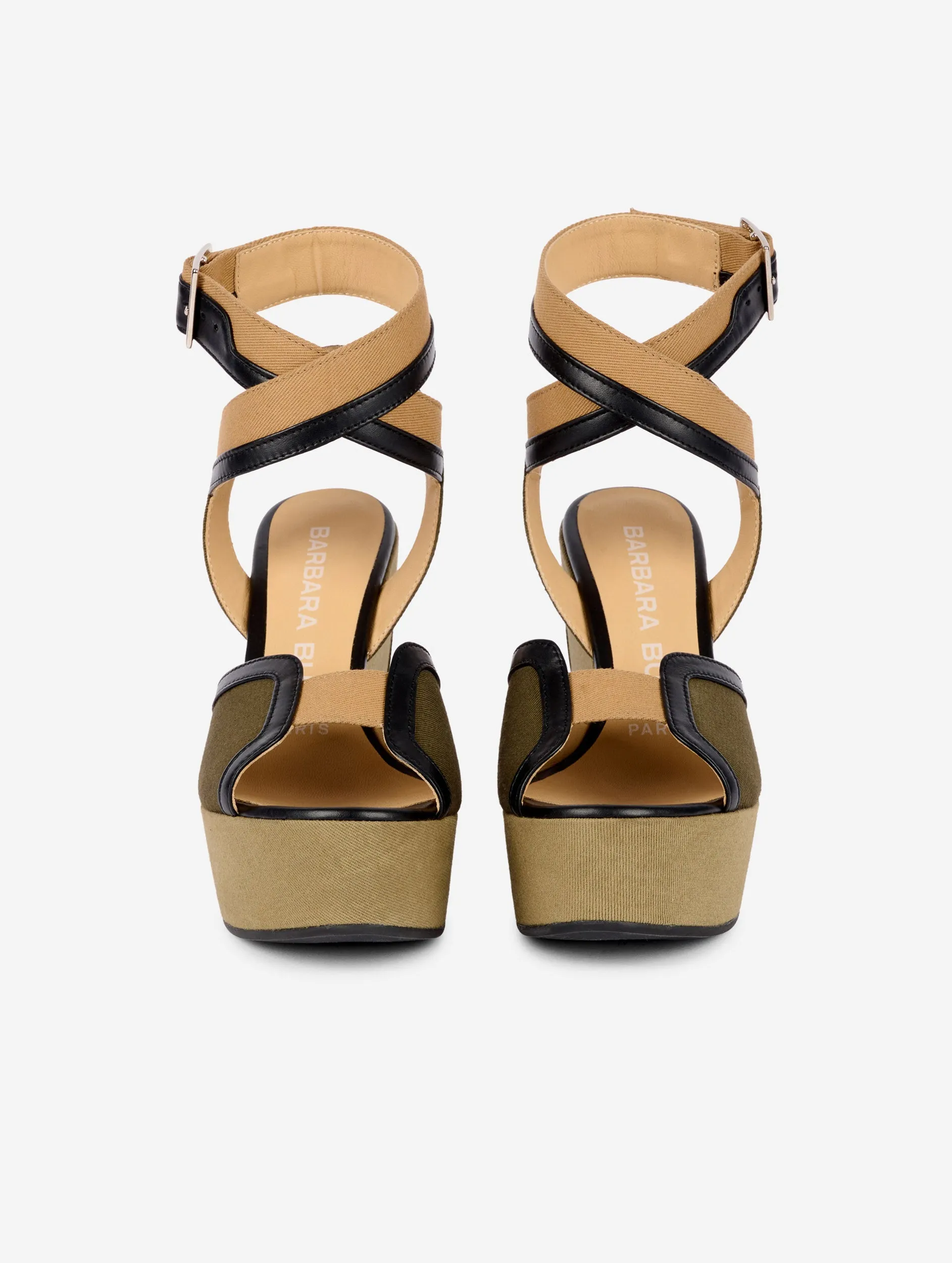 denim and leather wedge sandals