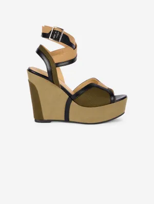denim and leather wedge sandals