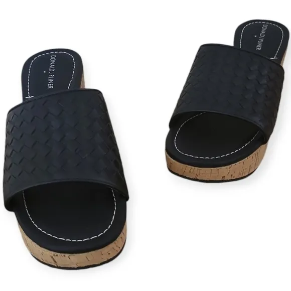 Donald J. Pliner &quot;Safari 13&quot; Black Woven Calf Leather Cork Platform Wedge 9 NWT