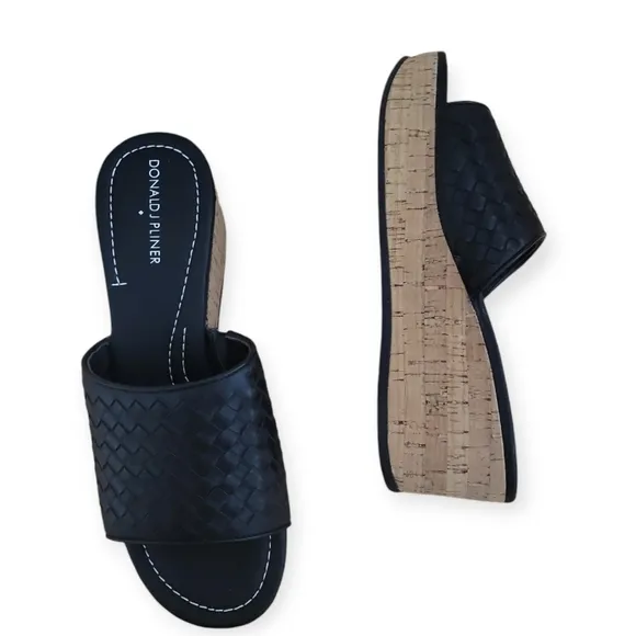 Donald J. Pliner &quot;Safari 13&quot; Black Woven Calf Leather Cork Platform Wedge 9 NWT