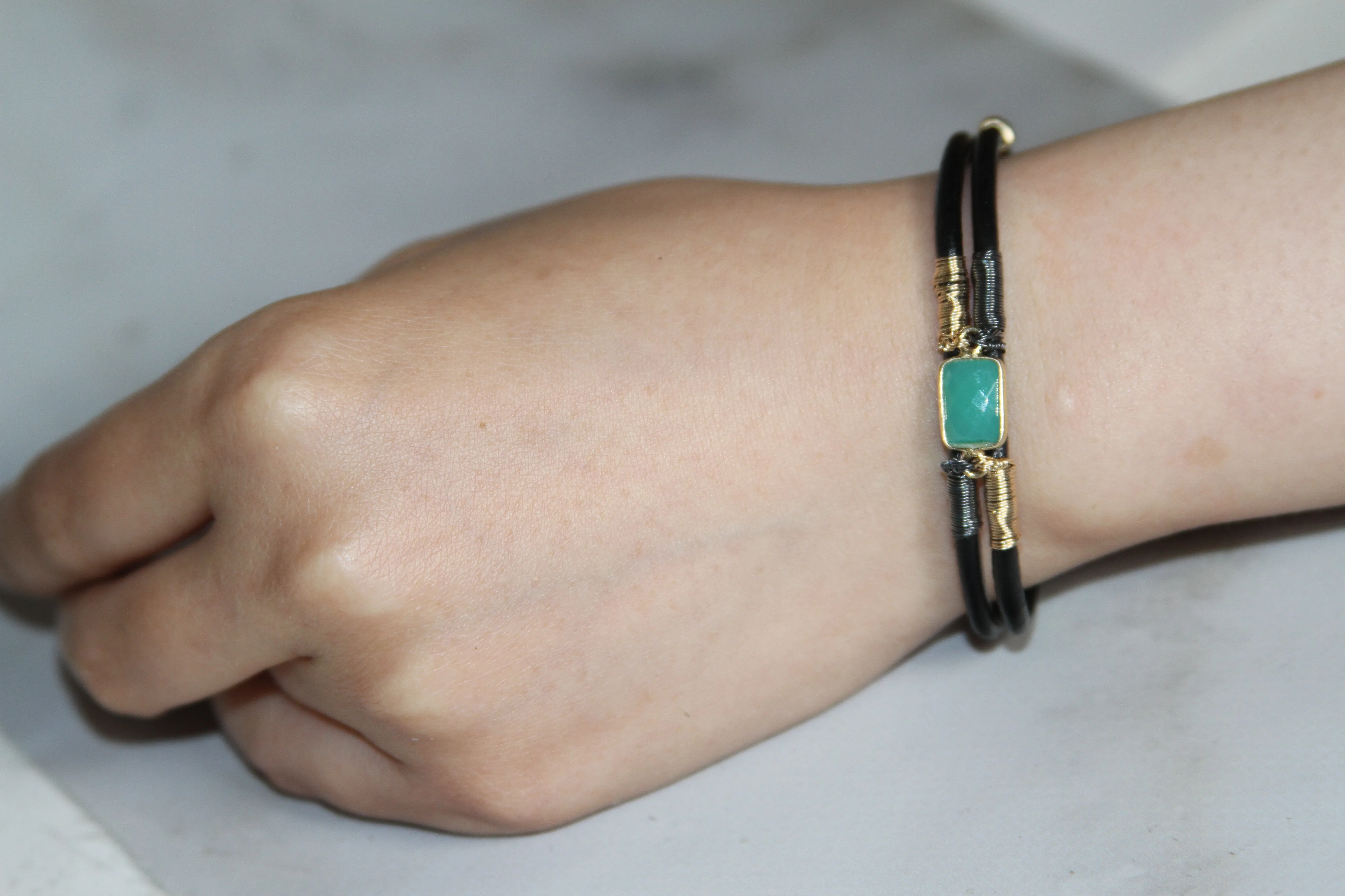 Double Thin Gem Wired Leather Bracelet