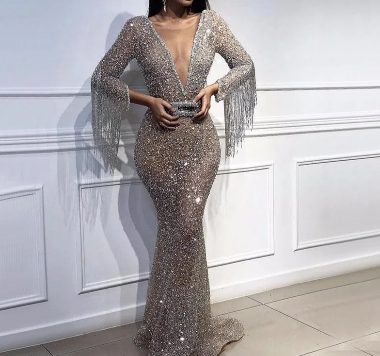 Dubai Luxury Long Sleeves Tassel Evening Dresses V-Neck Beading Sequined Sexy Evening Gowns