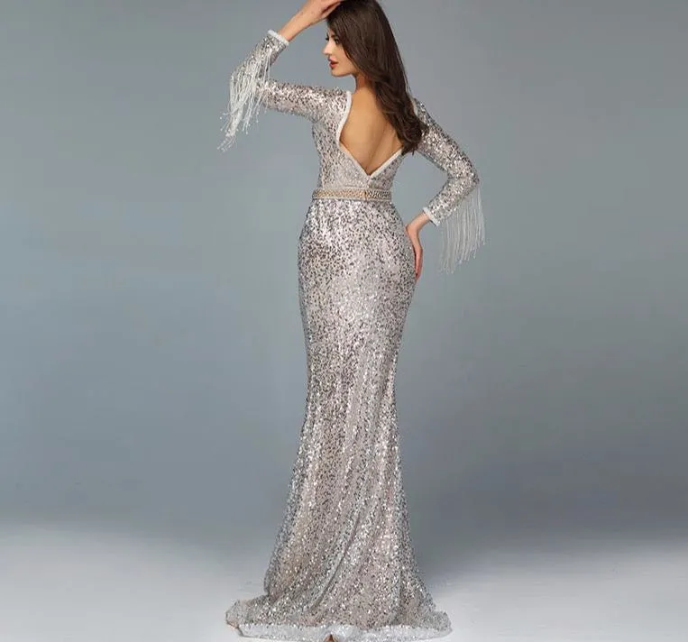 Dubai Luxury Long Sleeves Tassel Evening Dresses V-Neck Beading Sequined Sexy Evening Gowns