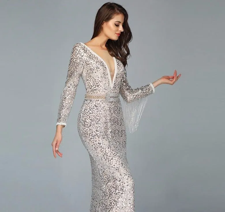 Dubai Luxury Long Sleeves Tassel Evening Dresses V-Neck Beading Sequined Sexy Evening Gowns