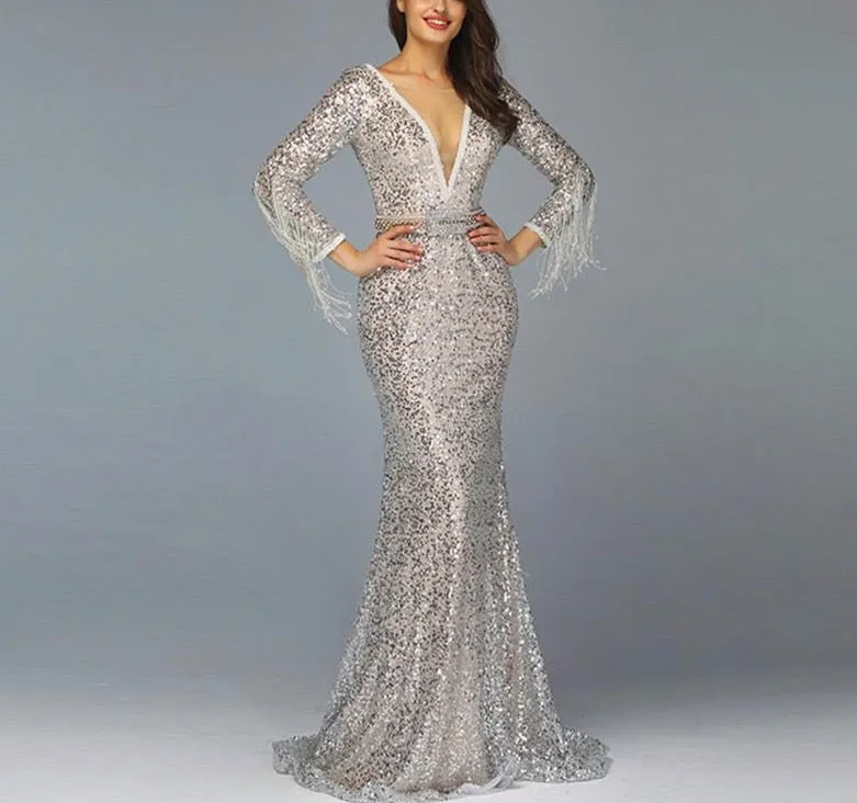 Dubai Luxury Long Sleeves Tassel Evening Dresses V-Neck Beading Sequined Sexy Evening Gowns