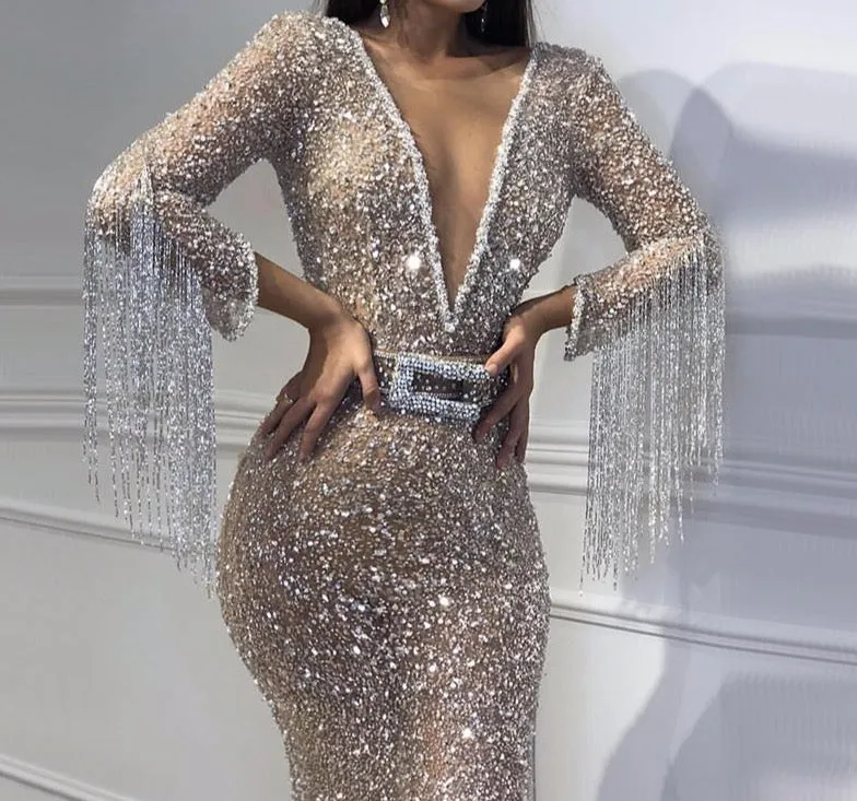Dubai Luxury Long Sleeves Tassel Evening Dresses V-Neck Beading Sequined Sexy Evening Gowns