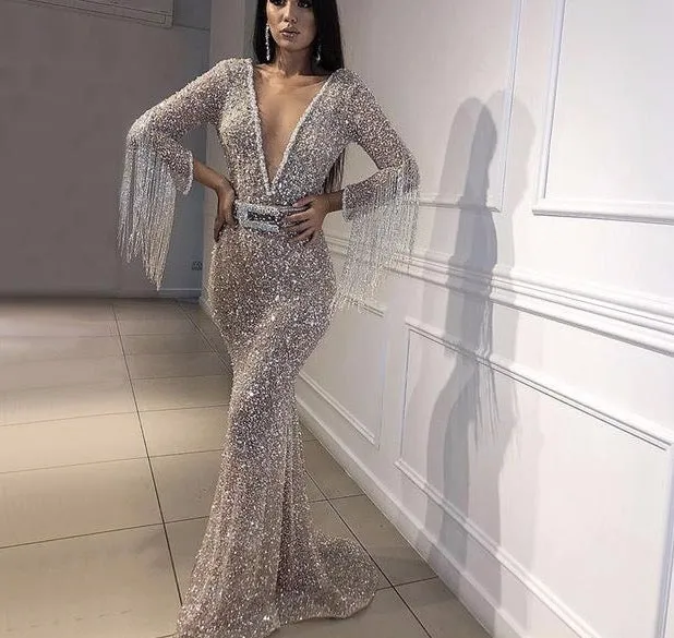 Dubai Luxury Long Sleeves Tassel Evening Dresses V-Neck Beading Sequined Sexy Evening Gowns