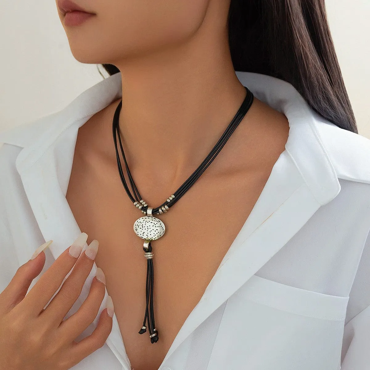Ethnic style Layered Carved Oval Charm PU string Tassel Necklace