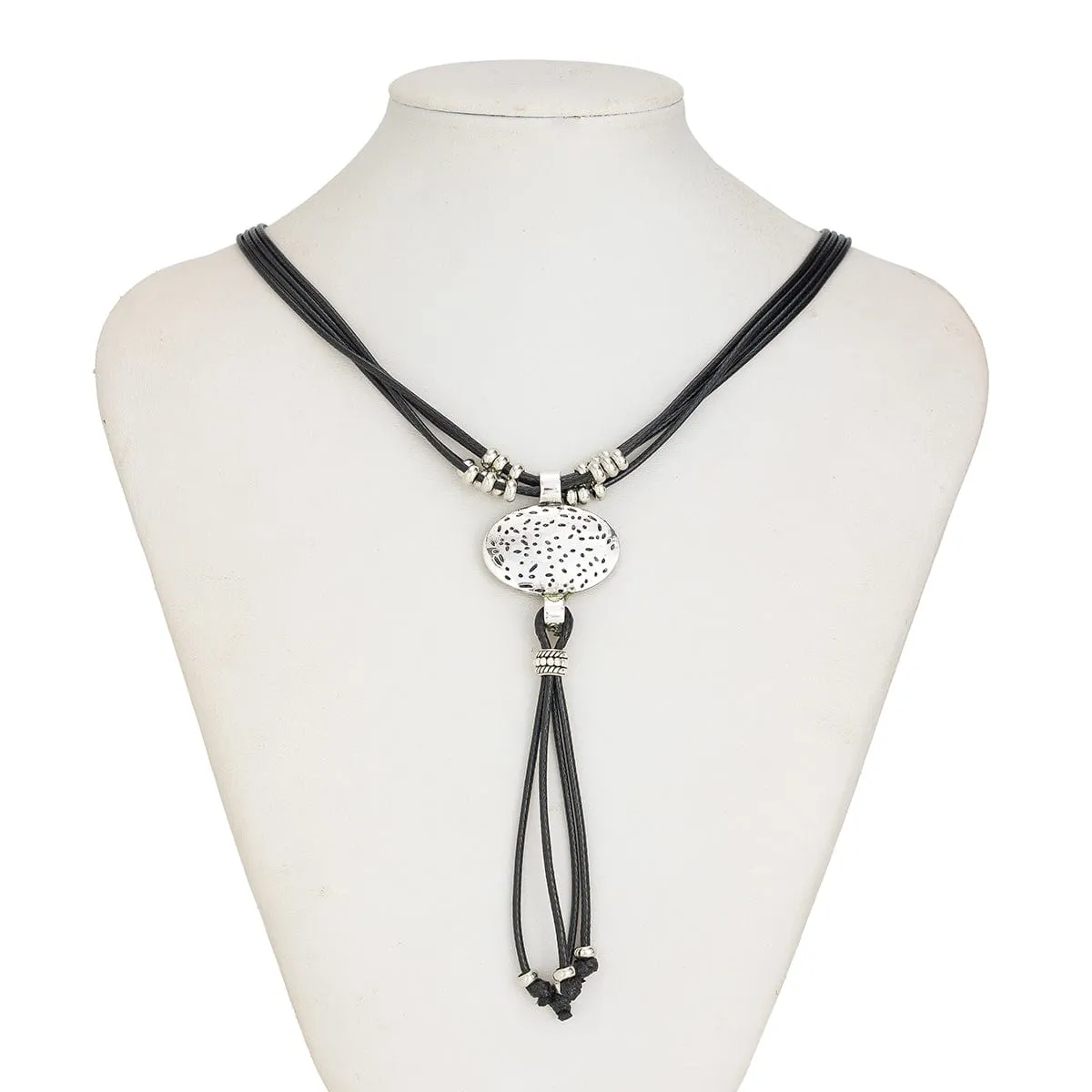 Ethnic style Layered Carved Oval Charm PU string Tassel Necklace