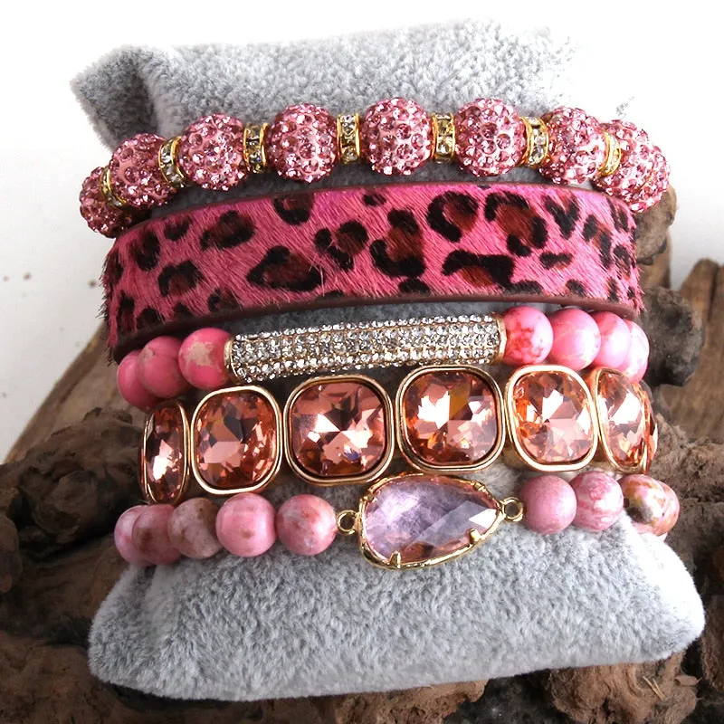Fashion Leopard Leather Bracelet 5 Piece Set Handmade