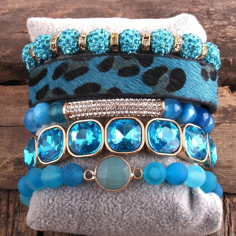 Fashion Leopard Leather Bracelet 5 Piece Set Handmade