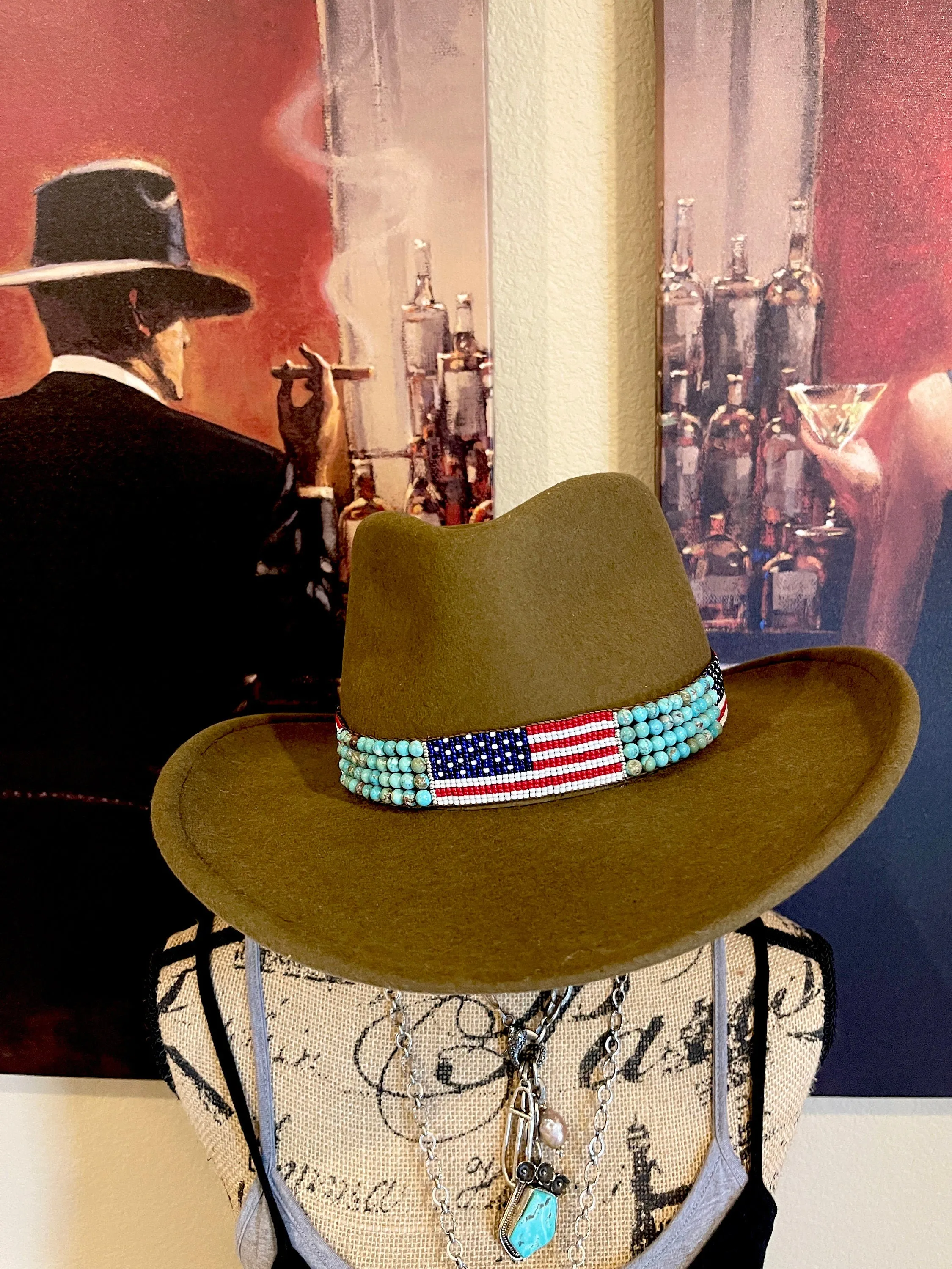 Flag Hatband, Patriotic Hatband, USA Hatband, Turquoise Hatband