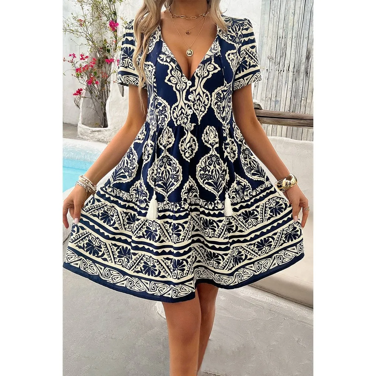Floral Tassel Tiered Dress
