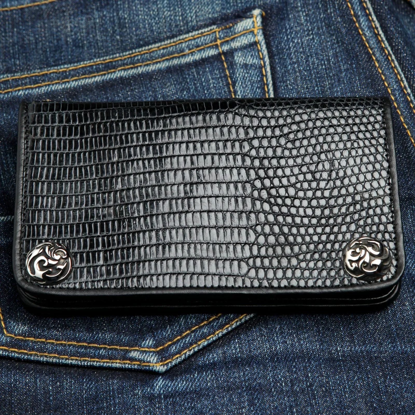 Genuine Black Lizard Skin Leather Biker Wallet