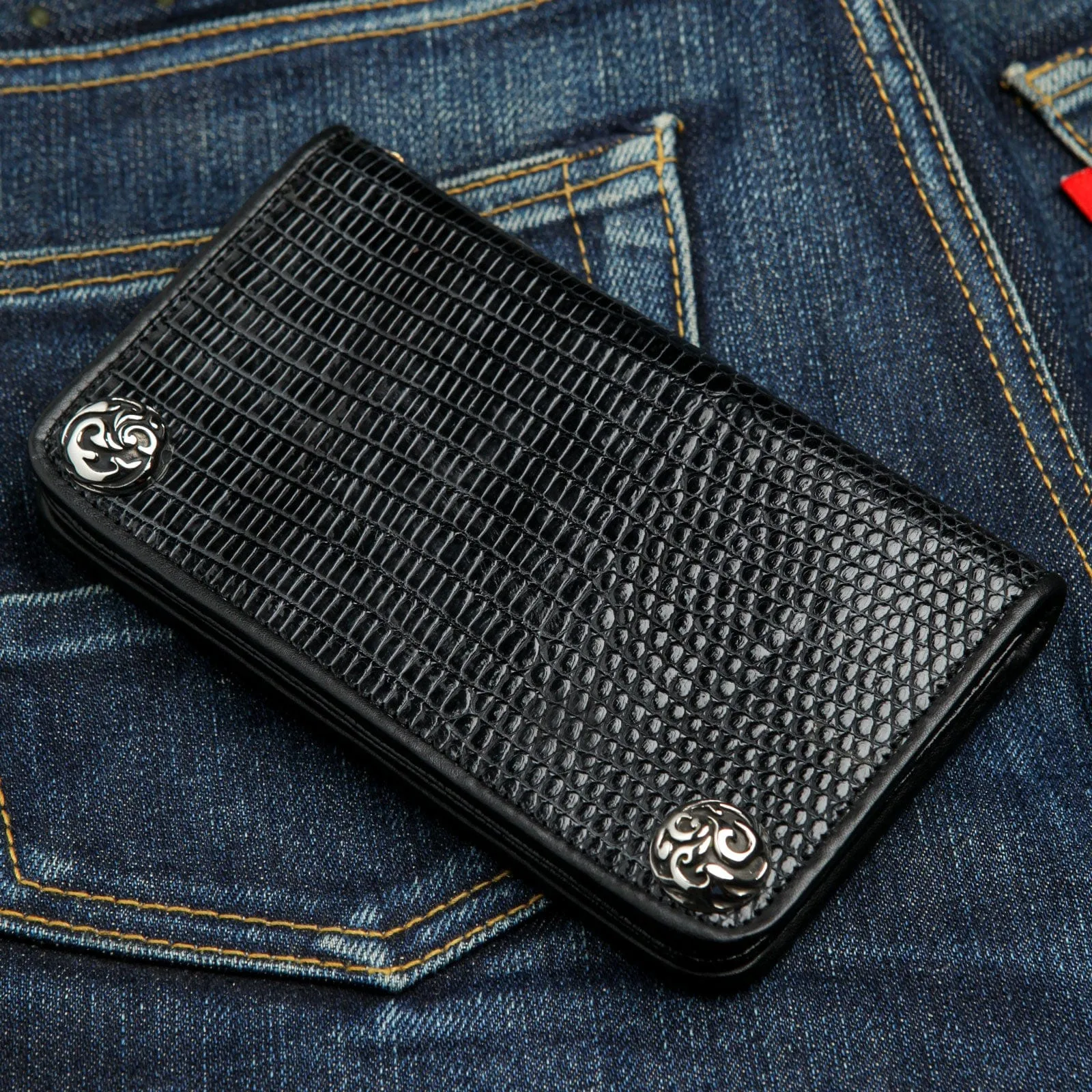 Genuine Black Lizard Skin Leather Biker Wallet