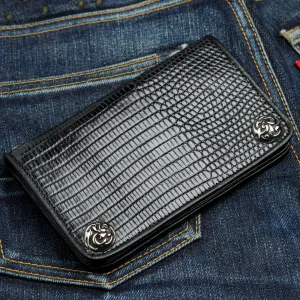 Genuine Black Lizard Skin Leather Biker Wallet