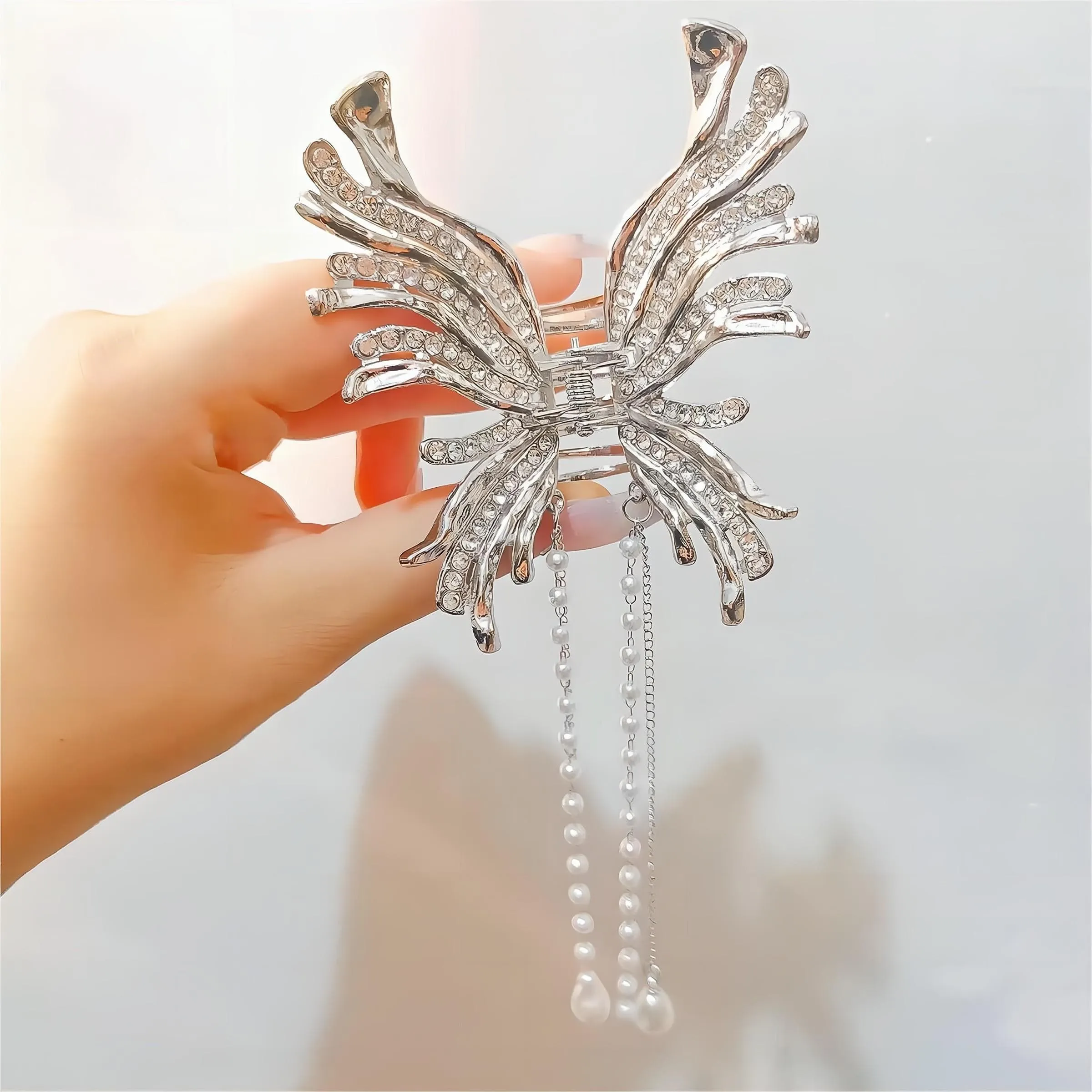 Geometric CZ Inlaid Pearl Chain Tassel Butterfly Chignon Claw Clip Hair Clip
