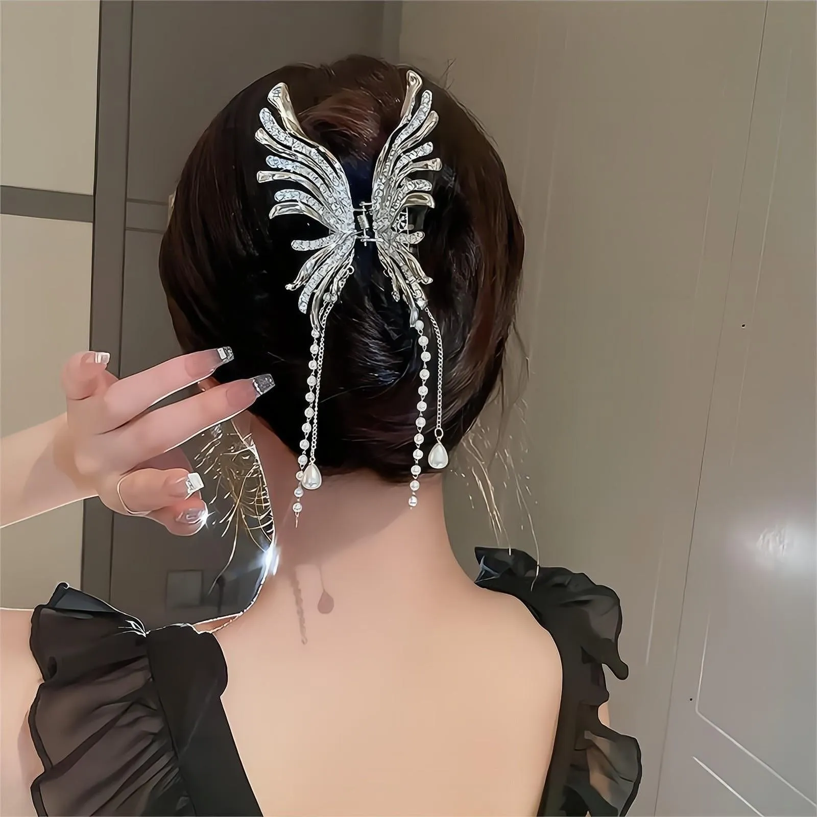 Geometric CZ Inlaid Pearl Chain Tassel Butterfly Chignon Claw Clip Hair Clip