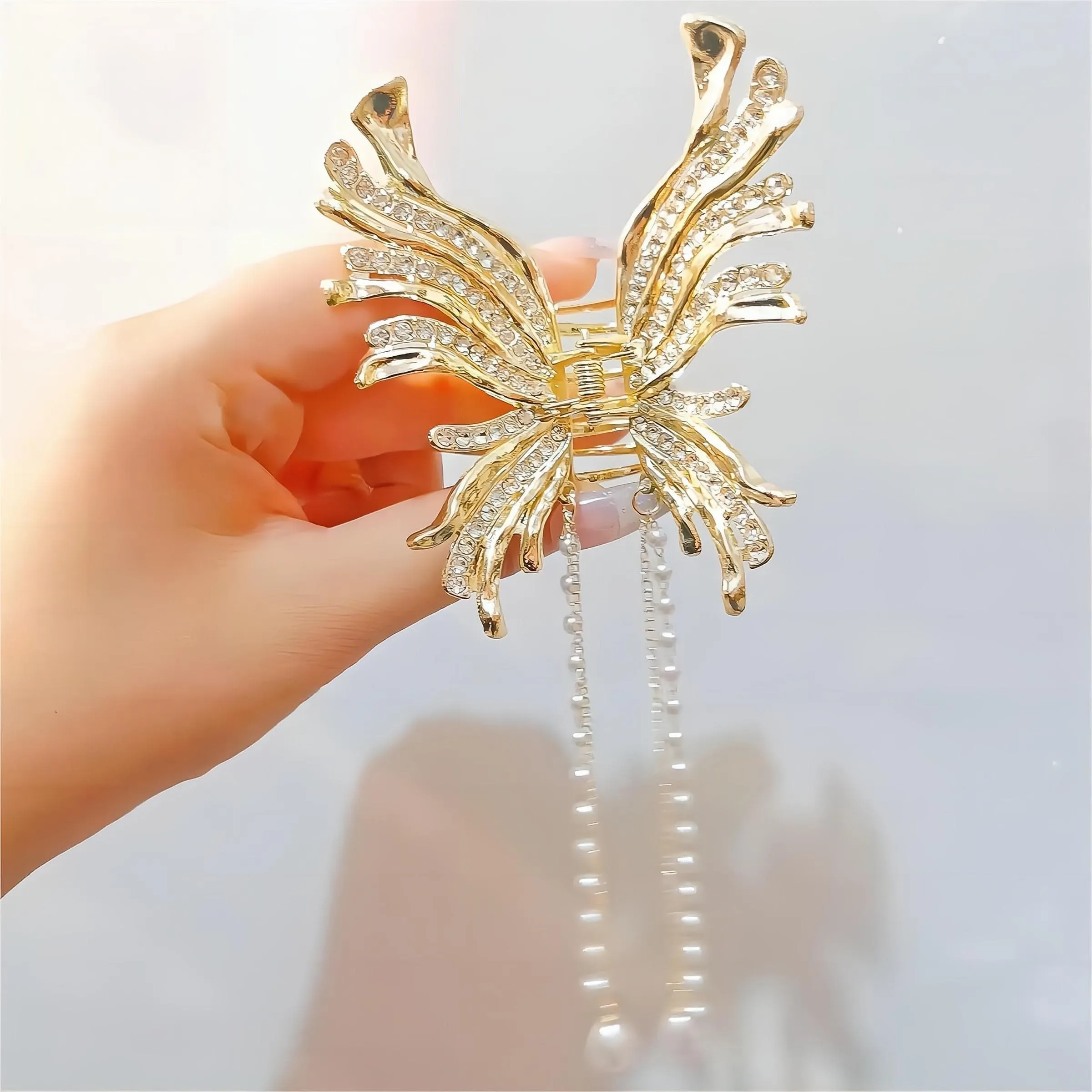 Geometric CZ Inlaid Pearl Chain Tassel Butterfly Chignon Claw Clip Hair Clip