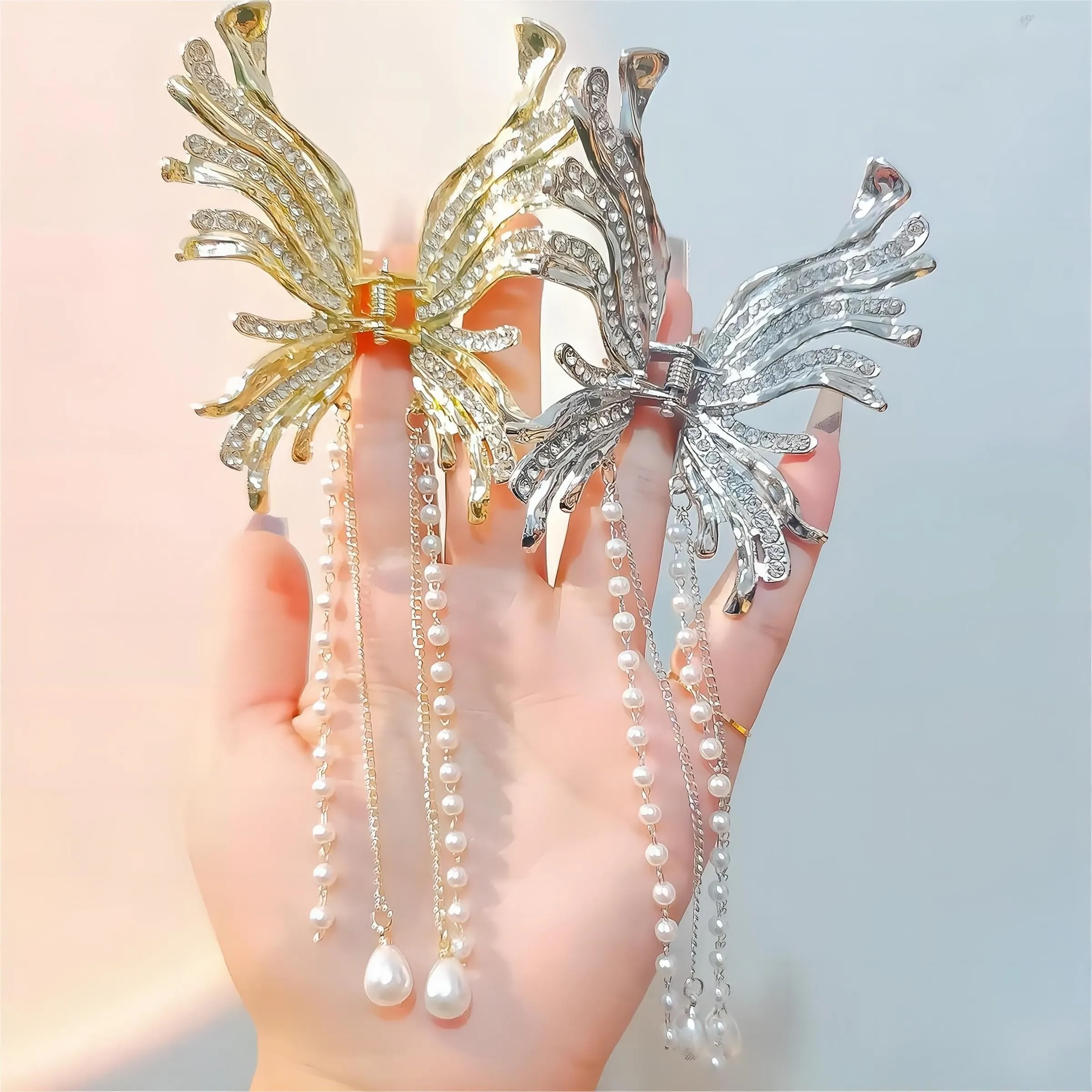 Geometric CZ Inlaid Pearl Chain Tassel Butterfly Chignon Claw Clip Hair Clip