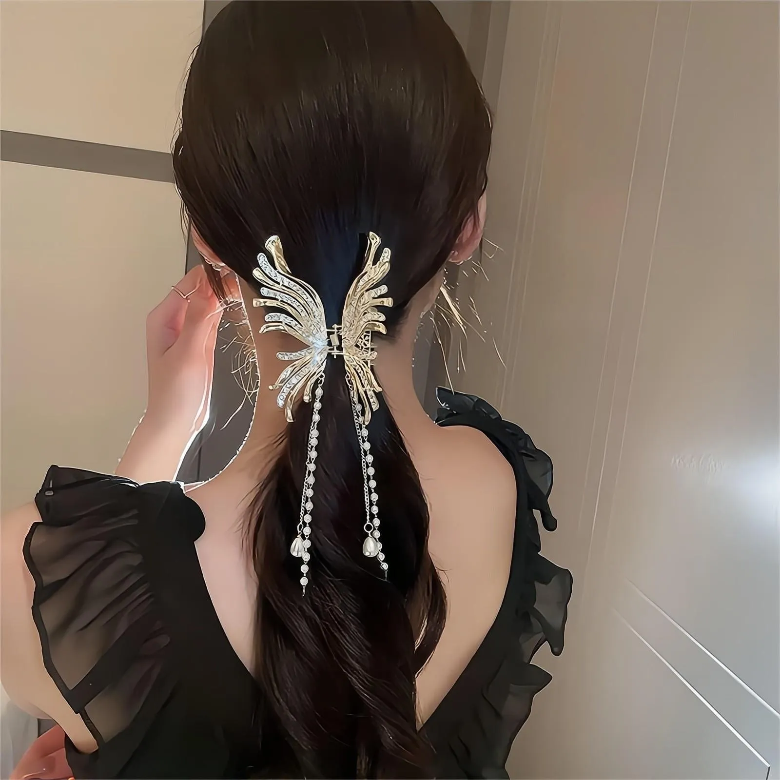Geometric CZ Inlaid Pearl Chain Tassel Butterfly Chignon Claw Clip Hair Clip