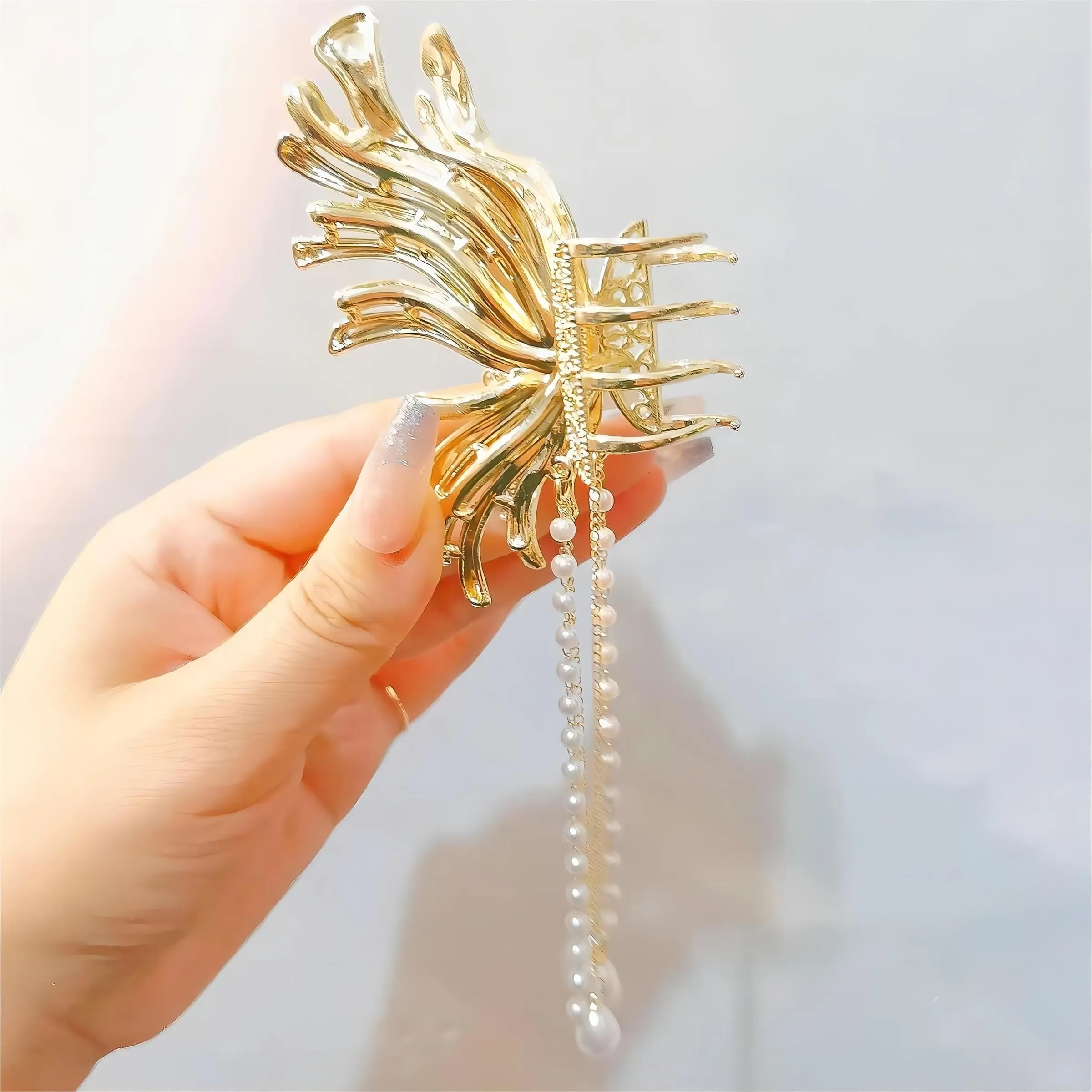 Geometric CZ Inlaid Pearl Chain Tassel Butterfly Chignon Claw Clip Hair Clip
