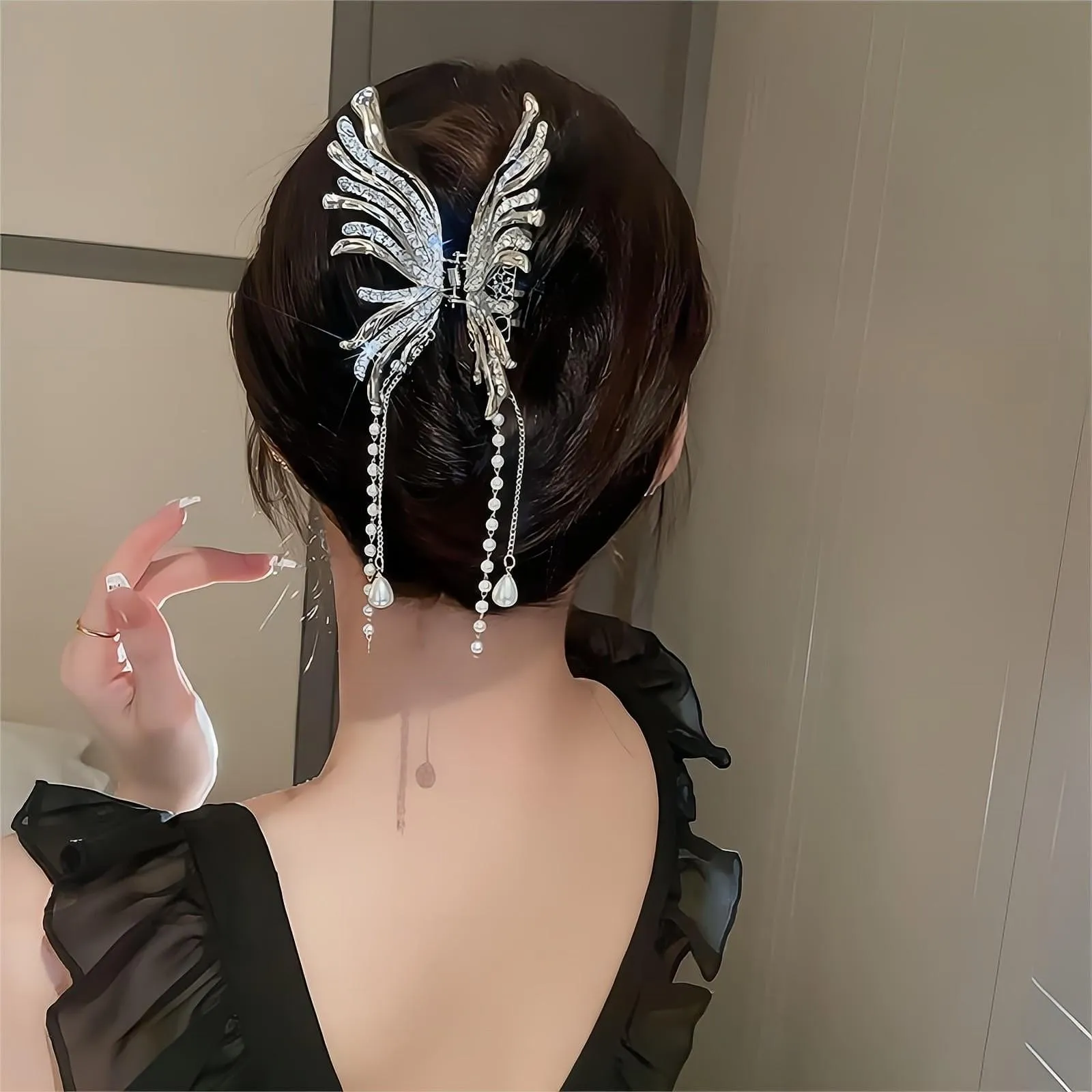 Geometric CZ Inlaid Pearl Chain Tassel Butterfly Chignon Claw Clip Hair Clip