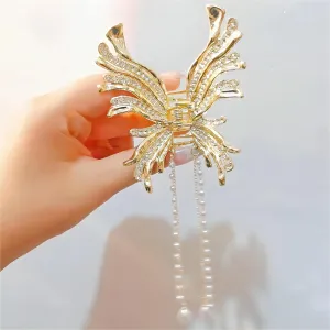 Geometric CZ Inlaid Pearl Chain Tassel Butterfly Chignon Claw Clip Hair Clip