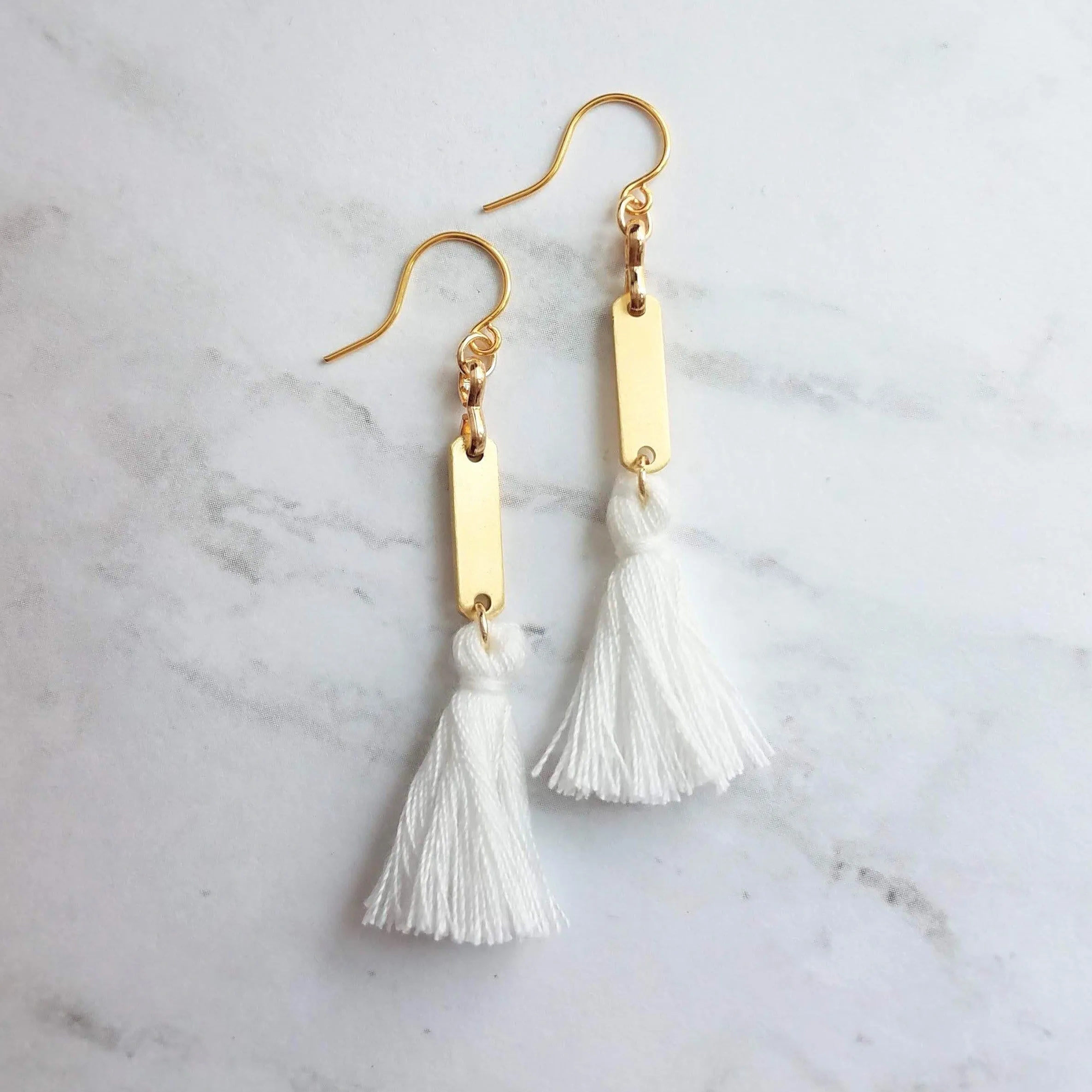Gold White Tassel Earrings, long tassel earring, brass tassel earring, gold tassel earring, boho tassel earring, boho earring small tassel