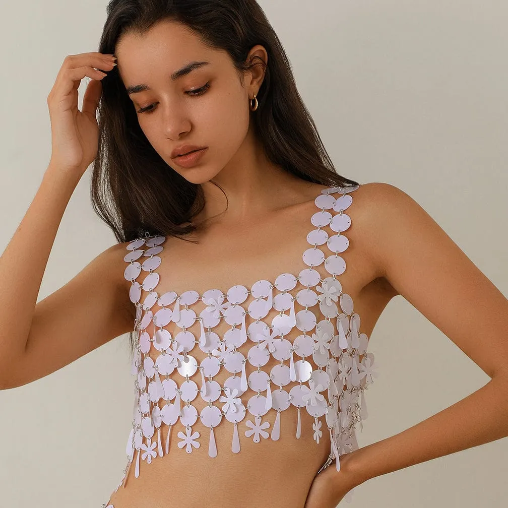 Handmade White Black Mirror Sequins Tassel Party Tank Top