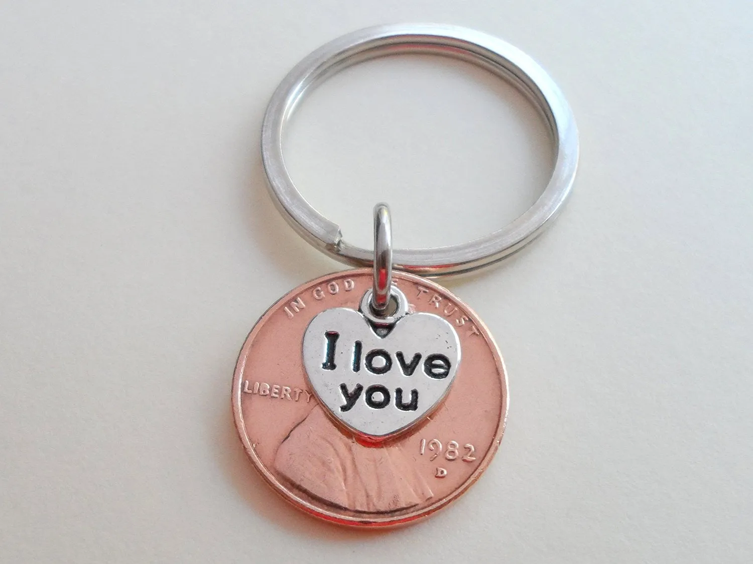 I Love You Heart Charm Layered Over 1982 Penny Keychain; 43 Year Anniversary Gift, Couples Keychain