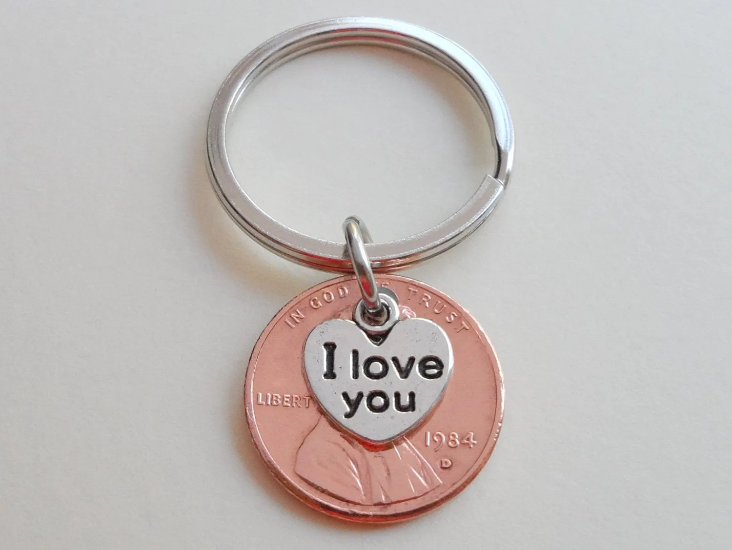 I Love You Heart Charm Layered Over 1984 Penny Keychain; 41 Year Anniversary Gift, Couples Keychain